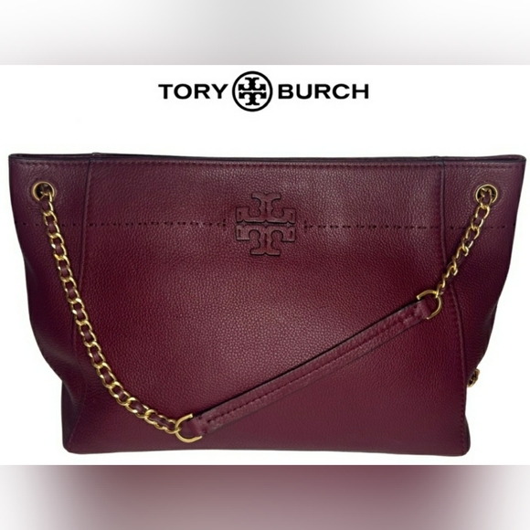 Tory Burch Designer McGraw Leather Burgundy Tote Purse Handbag - Picture 1 of 12